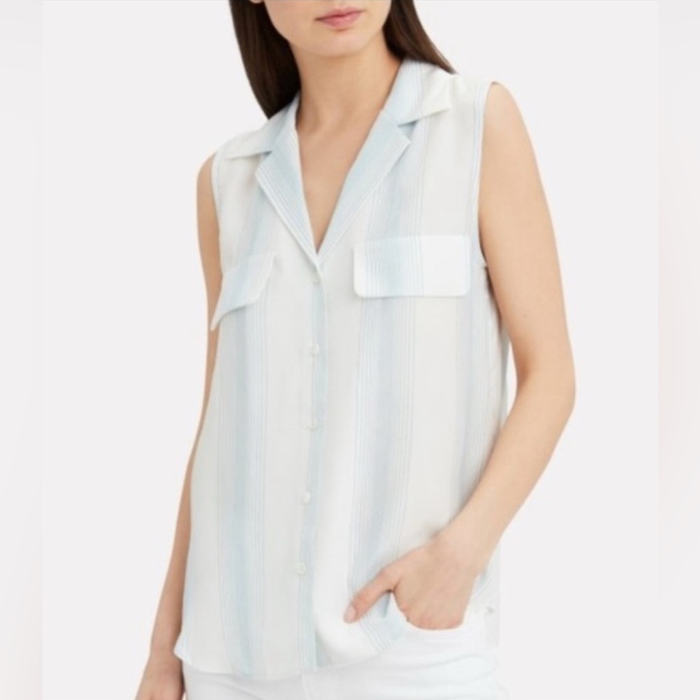 FRAME DENIM Sleeveless True Striped White and Blue Women's Silk Top Sz small